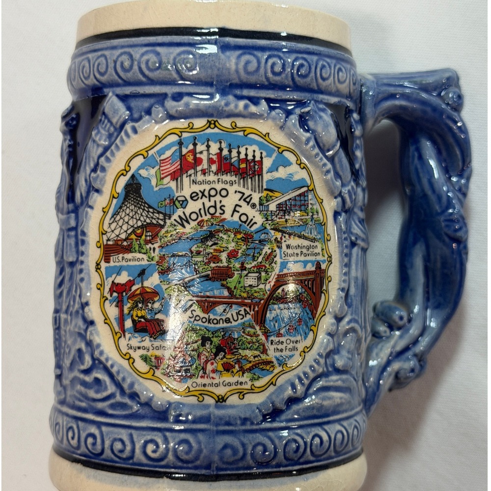 Expo 74 Worlds Fair Spokane USA Vintage Beer Stein Mug Blue Ceramic